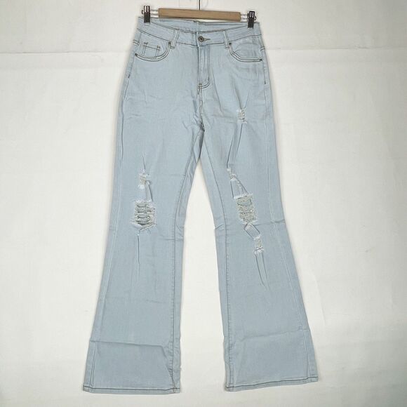New Women’s Light Wash Distressed Flare Jeans Sz M Fits L XL Stretch High Rise - Picture 7 of 16